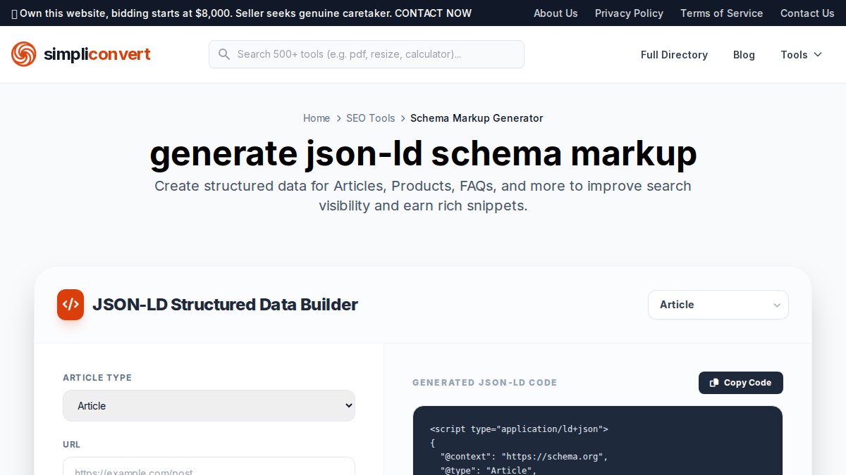 Screenshot of Schema Markup Generator page on simpliconvert.com