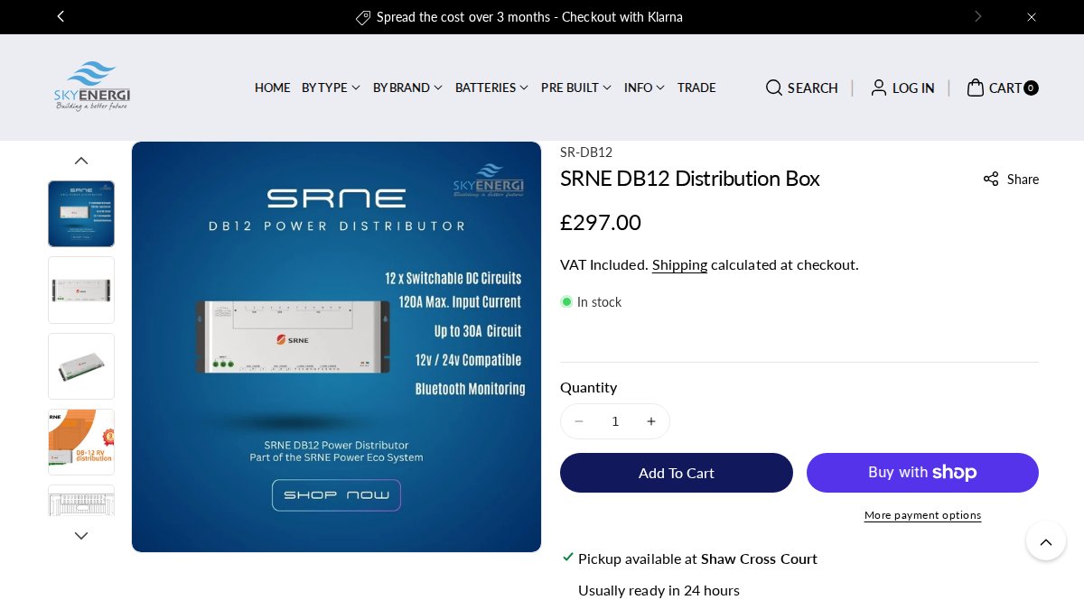 Screenshot of Srne Db12 Distribution Box page on skyenergi.com
