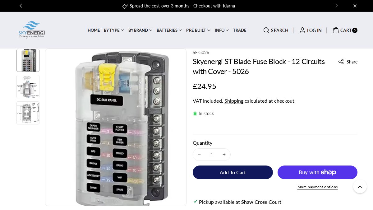 Screenshot of Skyenergi St Blade Fuse Block 12 Circuits With Cover 5026 page on skyenergi.com