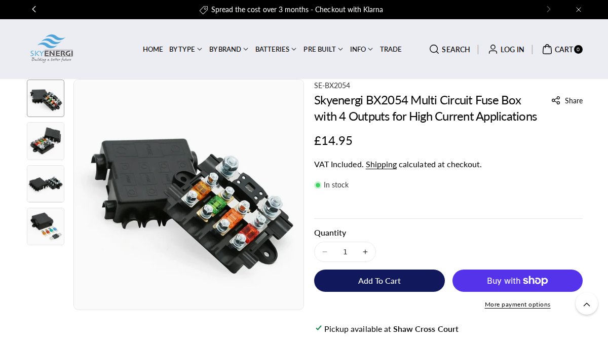 Screenshot of Skyenergi Bx2054 Multi Circuit Fuse Box With 4 Outputs For High Current Applications page on skyenergi.com