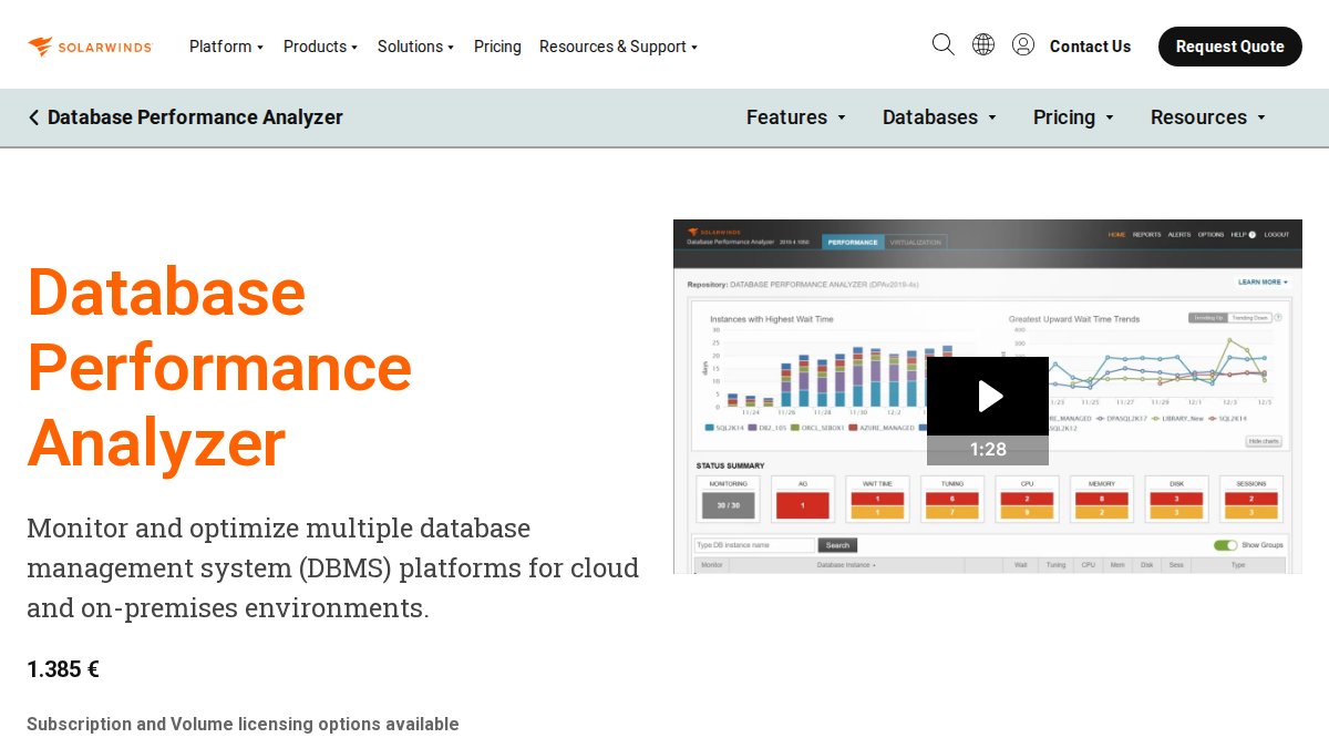 Screenshot of Database Performance Analyzer page on solarwinds.com