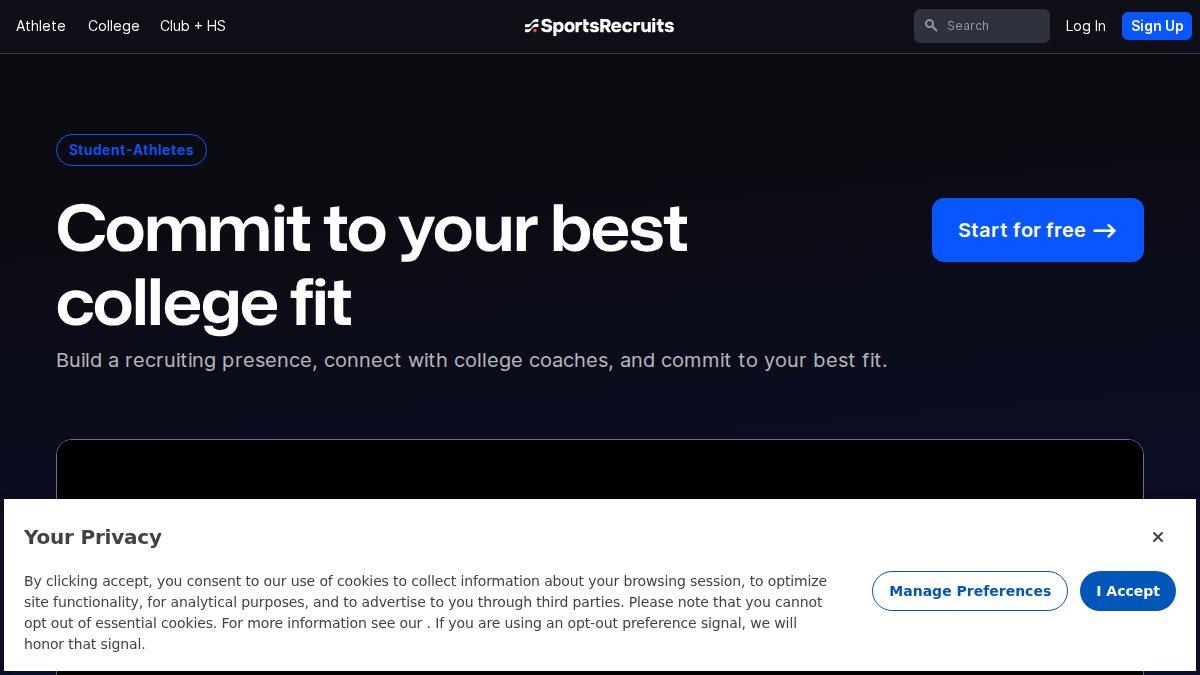 Screenshot of Athletes page on sportsrecruits.com