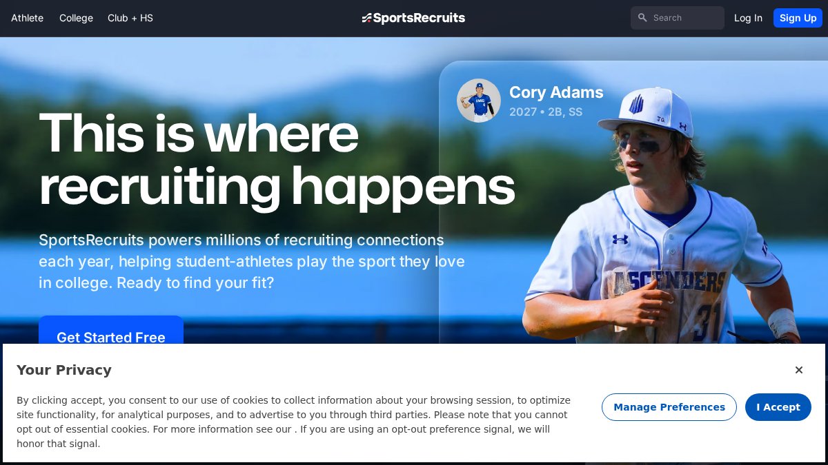 Screenshot of sportsrecruits.com interface