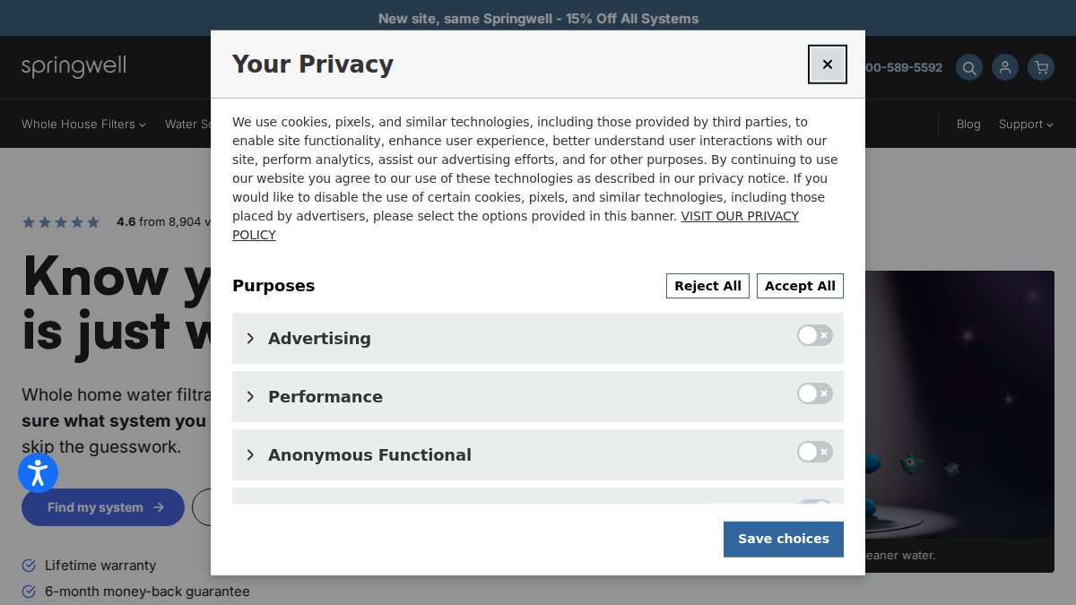 Screenshot of springwellwater.com interface