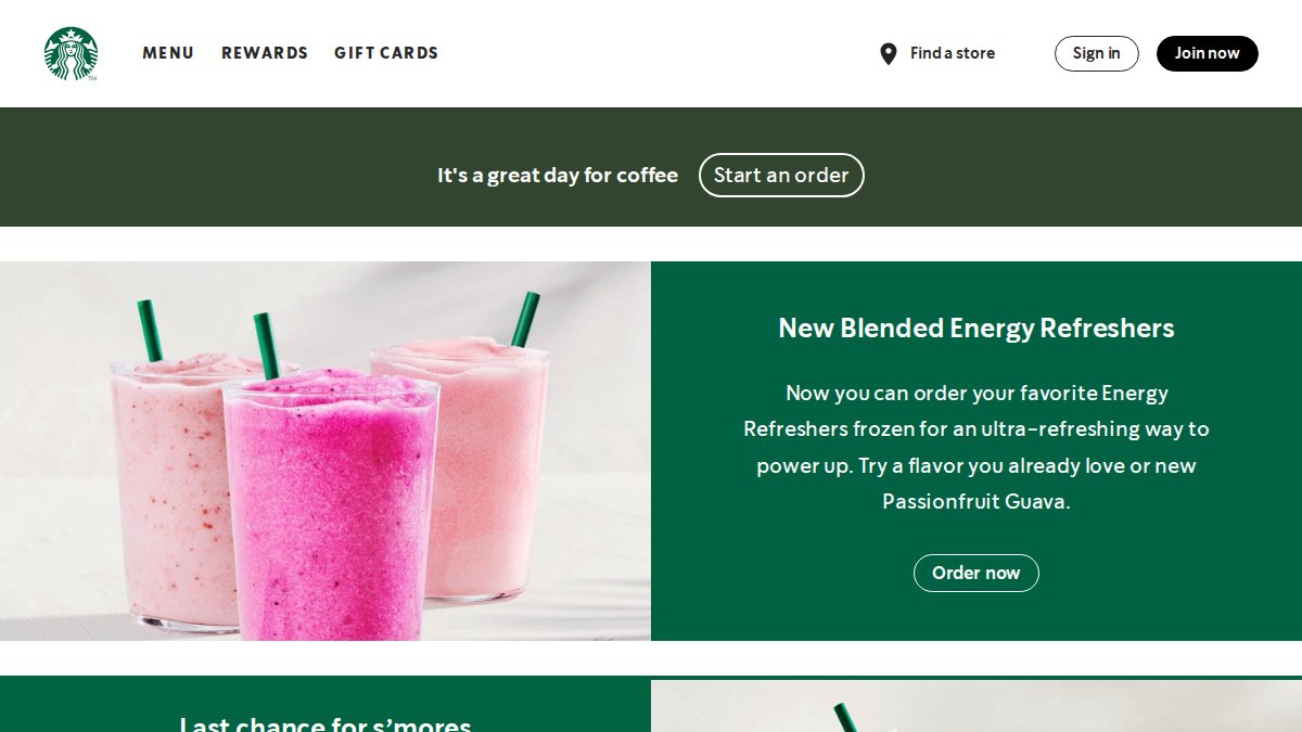 Screenshot of starbucks.com interface