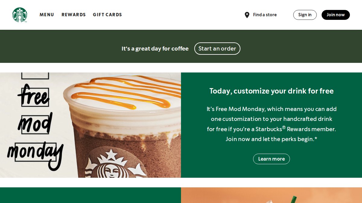 Screenshot of starbucks.com interface