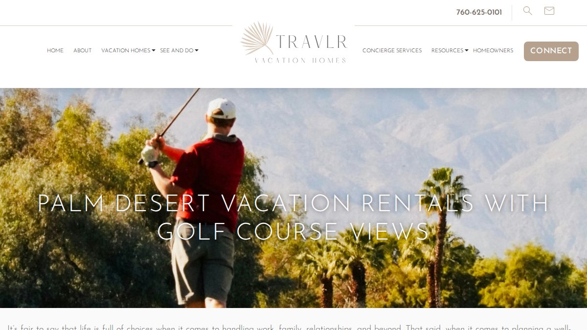 Screenshot of Palm Desert Vacation Rentals page on staytravlr.com