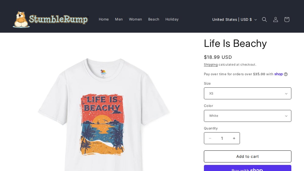 Screenshot of Life Is Beachy Unisex T Shirt page on stumblerump.com