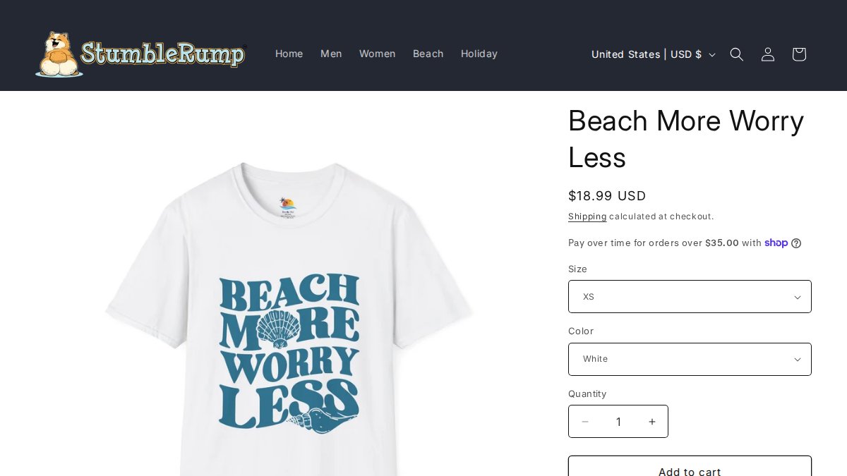 Screenshot of Beach More Worry Less T Shirt page on stumblerump.com