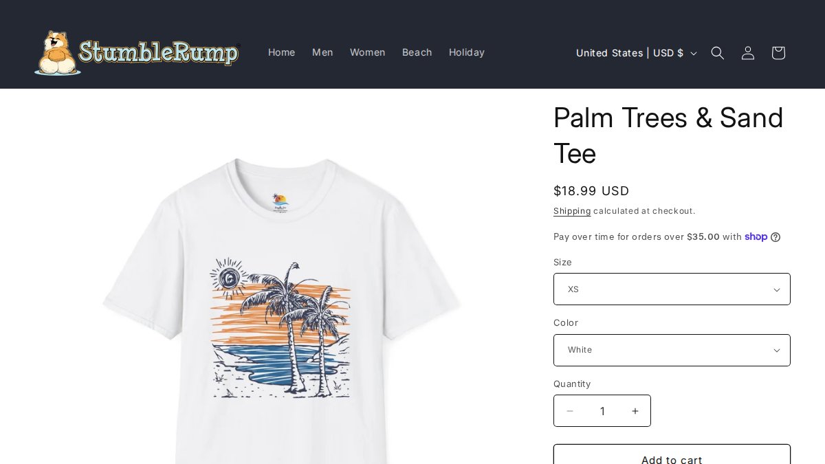 Screenshot of Palm Trees Sand Tee page on stumblerump.com