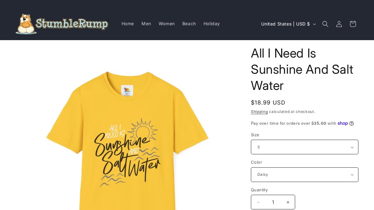 Screenshot of All I Need Is Sunshine And Salt Water T Shirt page on stumblerump.com