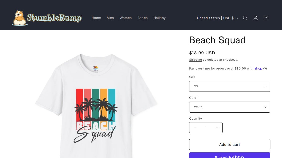 Screenshot of Beach Squad T Shirt page on stumblerump.com