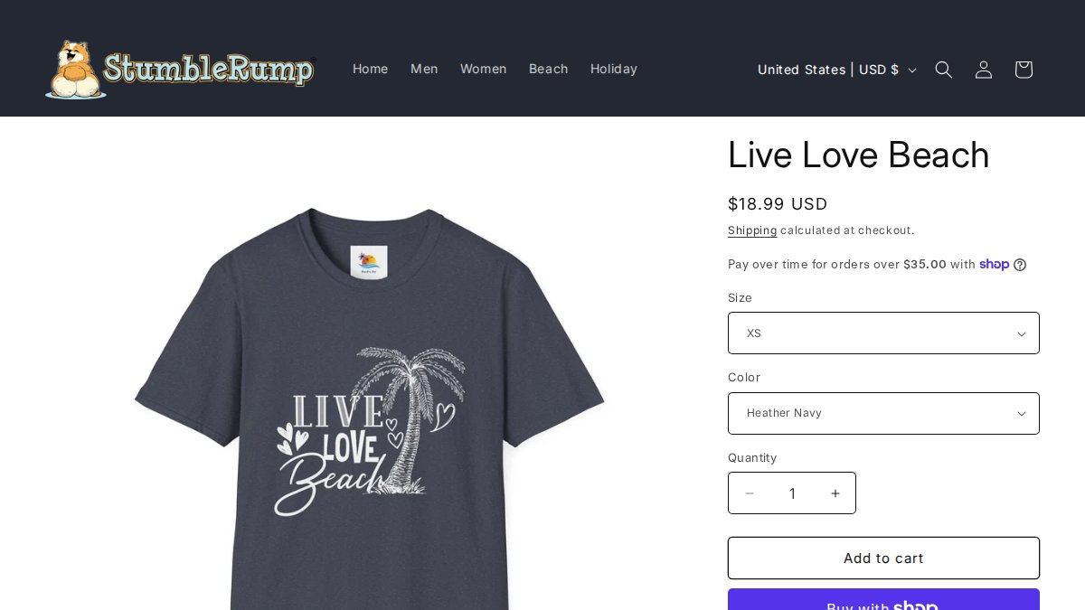 Screenshot of Live Love Beach T Shirt page on stumblerump.com