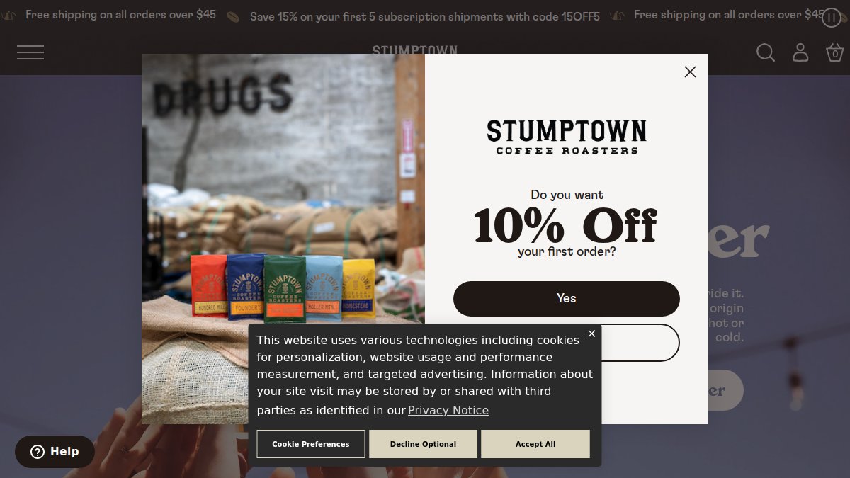 Screenshot of stumptowncoffee.com interface