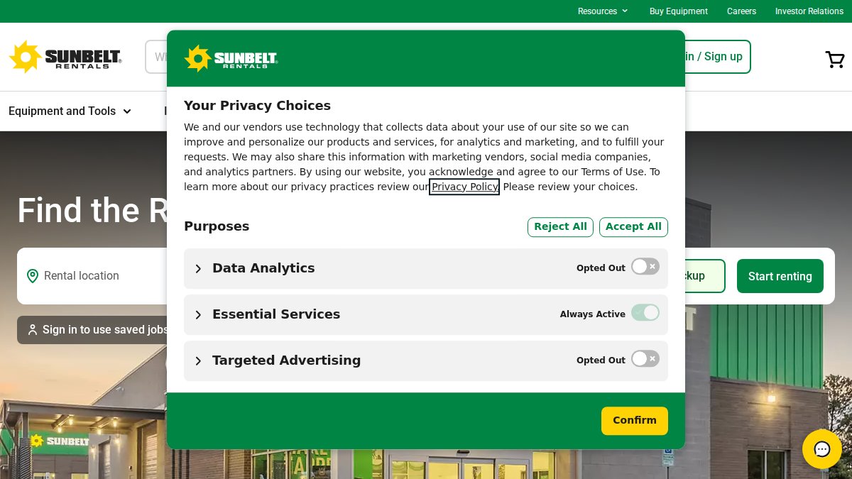 Screenshot of sunbeltrentals.com interface