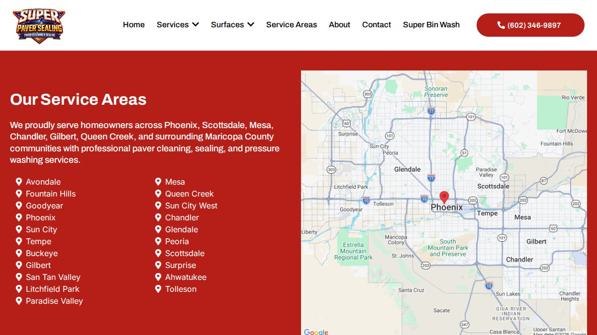 Screenshot of Service Areas page on superpavercleanandseal.com