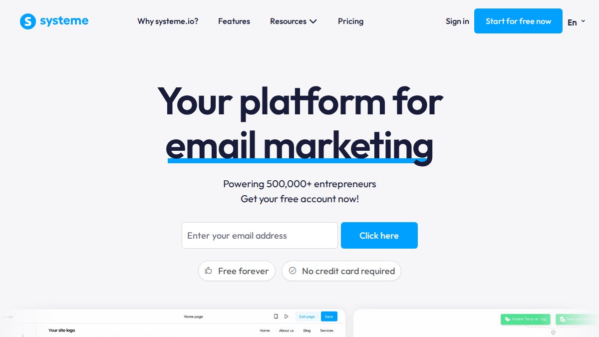Screenshot of systeme.io interface