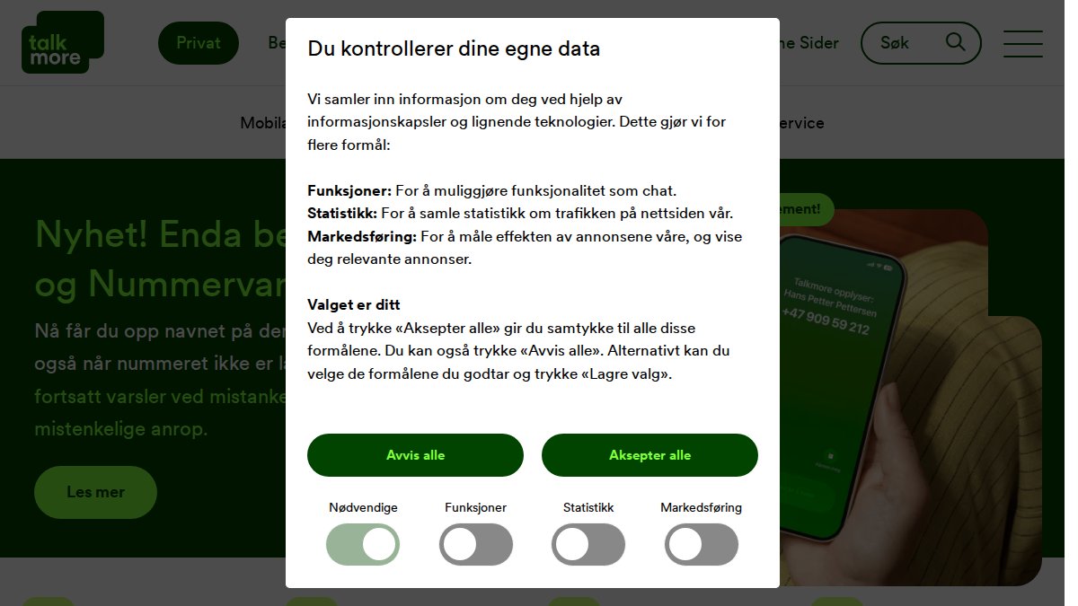 Screenshot of talkmore.no interface