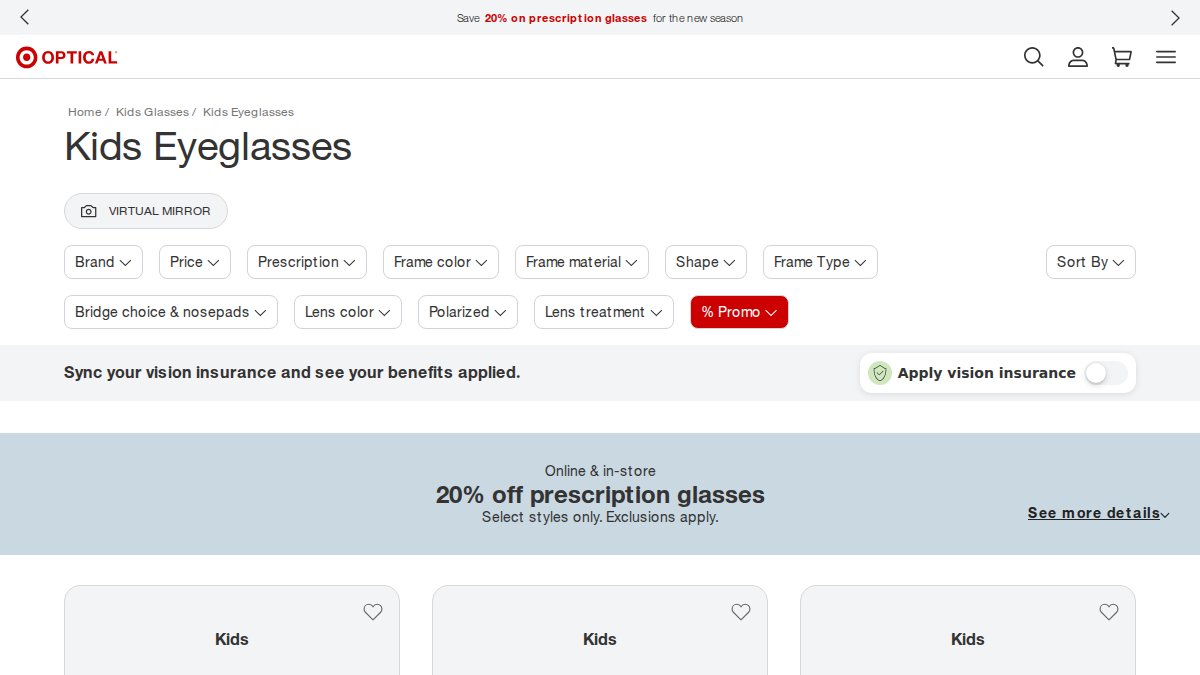 Screenshot of Kids page on targetoptical.com