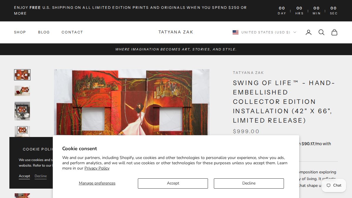 Screenshot of Swing Of Life Hand Enhanced Collectors Edition Print On Canvas Installation page on tatyanazak.com
