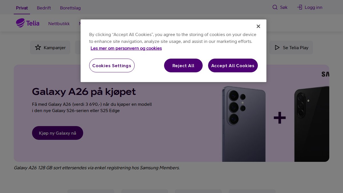 Screenshot of telia.no interface