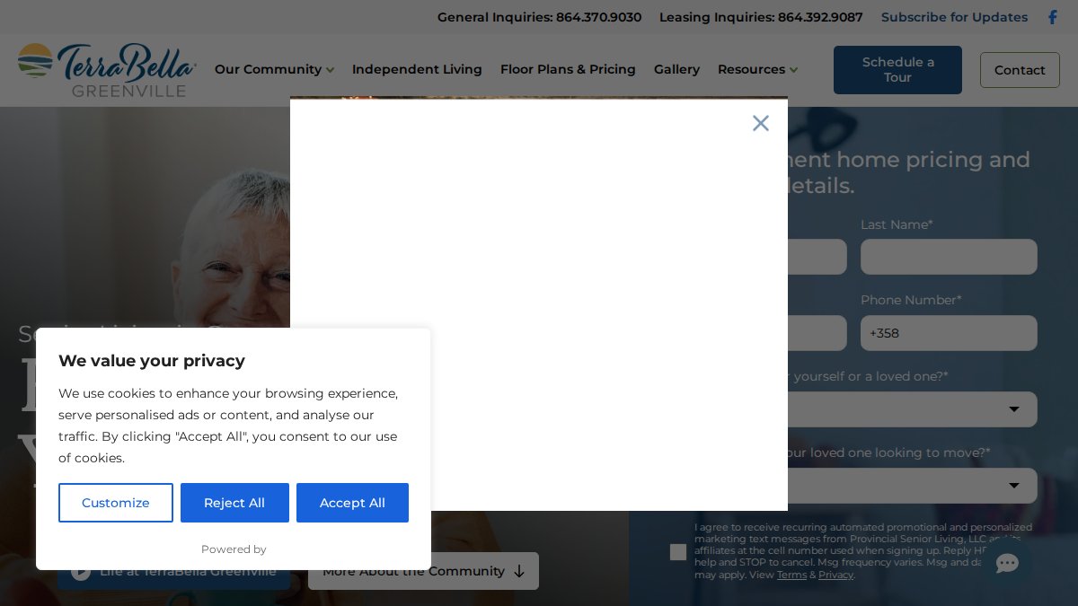 Screenshot of terrabellagreenville.seniorlivingnearme.com interface