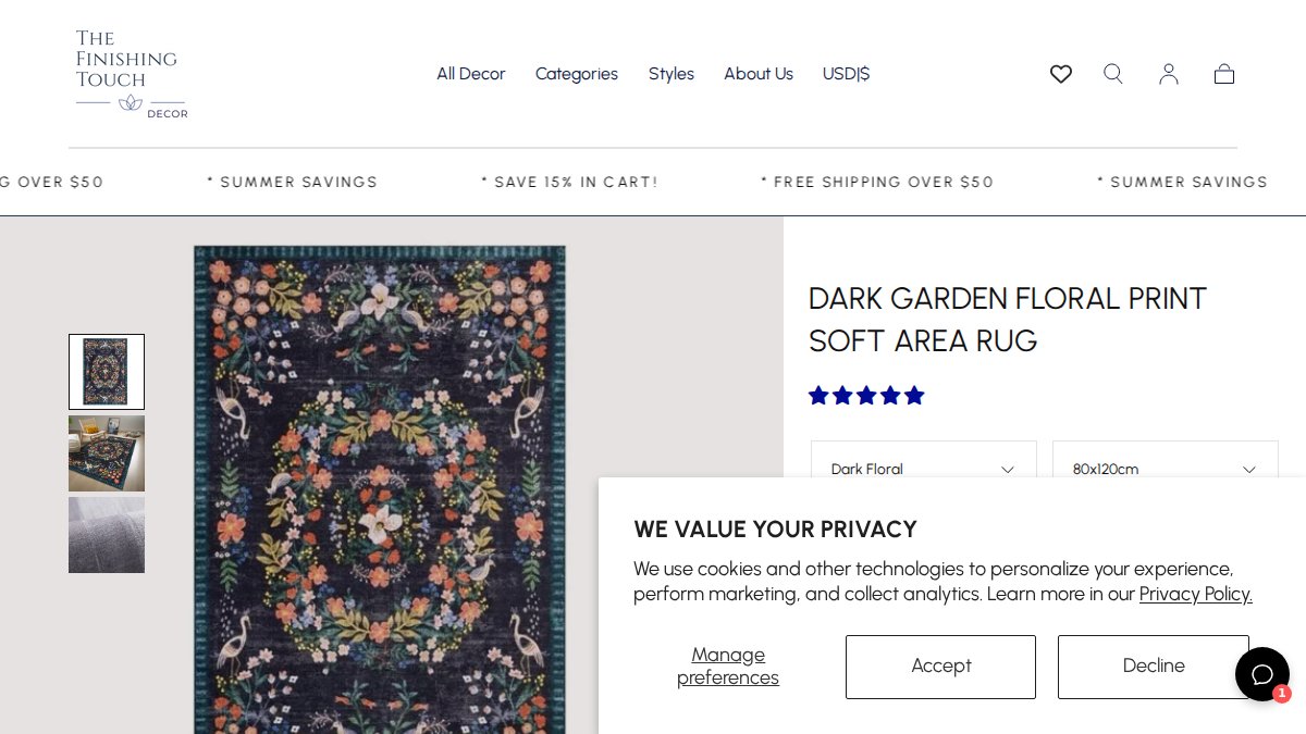 Screenshot of Dark Garden Floral Print Soft Area Rug page on tftdecor.com