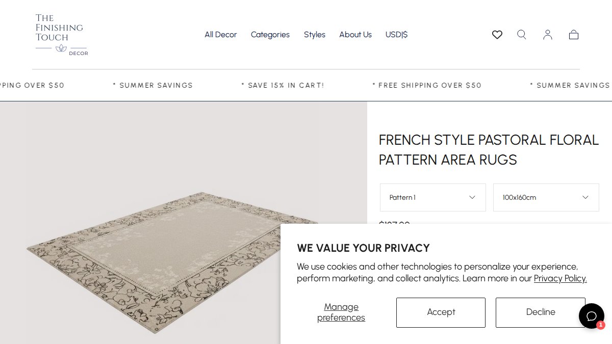 Screenshot of French Style Pastoral Floral Pattern Area Rugs page on tftdecor.com