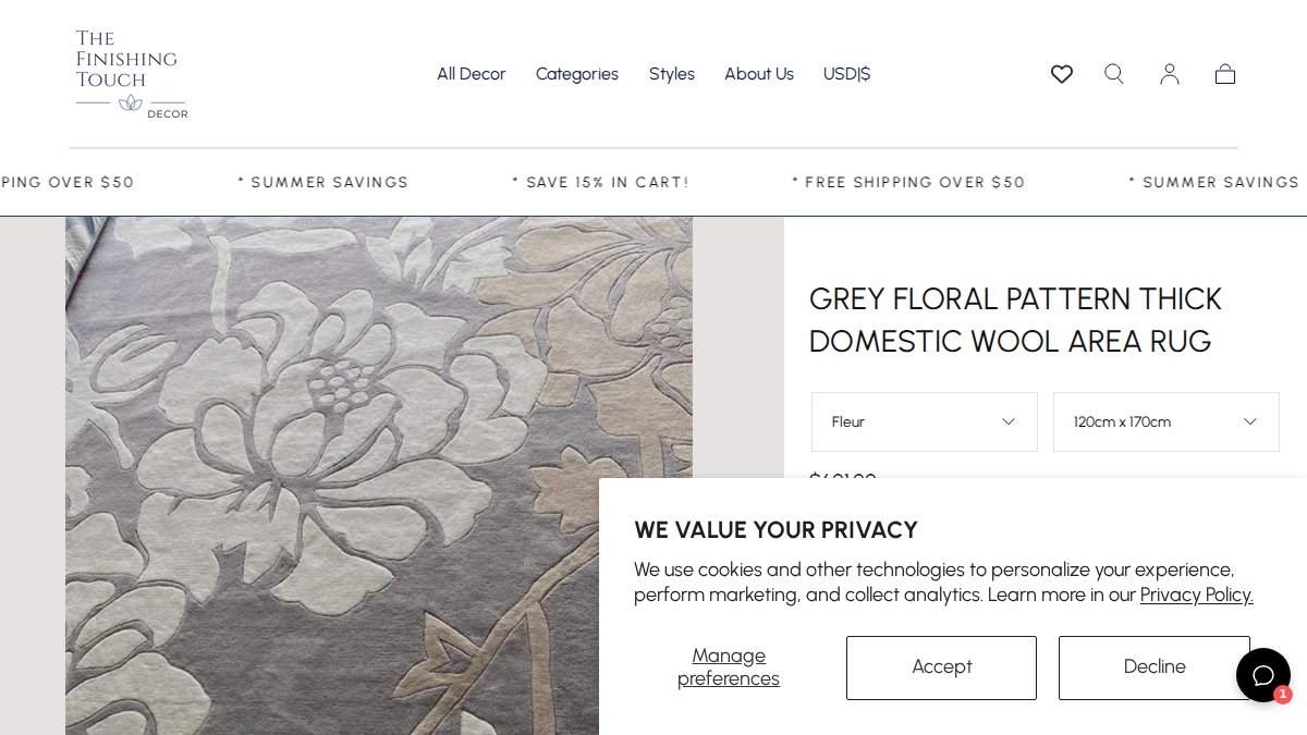 Screenshot of Grey Floral Pattern Thick Domestic Wool Area Rug page on tftdecor.com