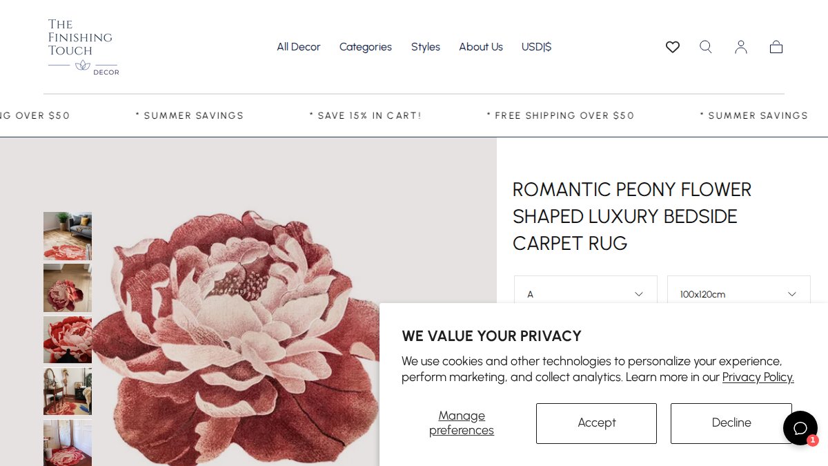 Screenshot of Romantic Peony Flower Shaped Luxury Bedside Carpet Rug 1 page on tftdecor.com