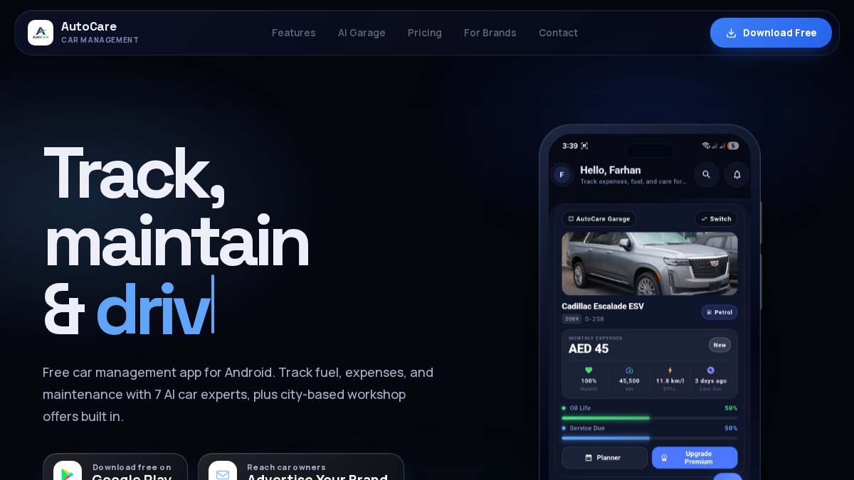 Screenshot of theautocareapp.com interface