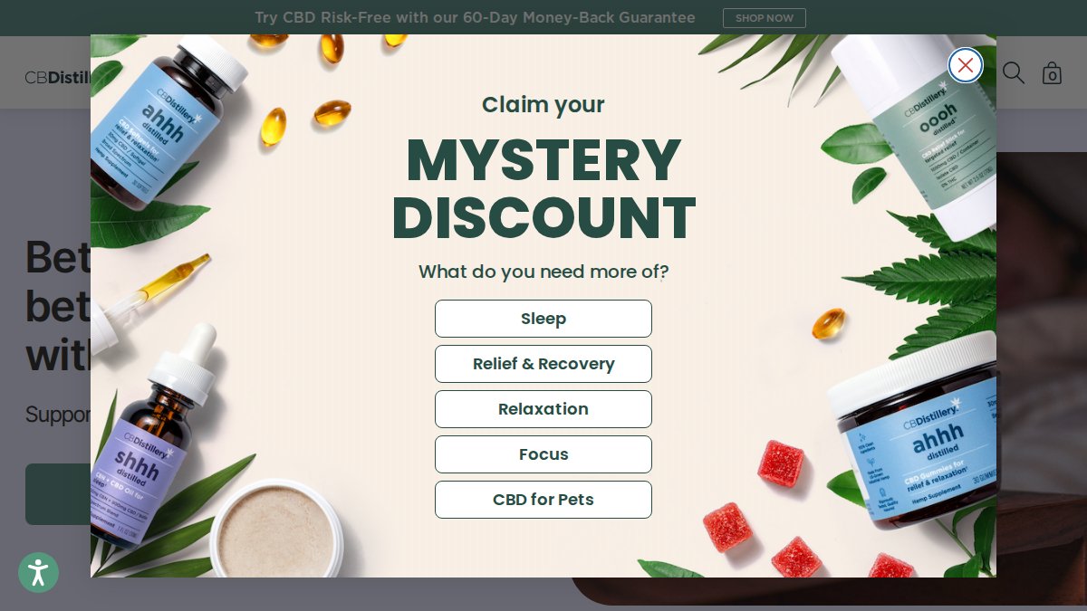 Screenshot of thecbdistillery.com interface