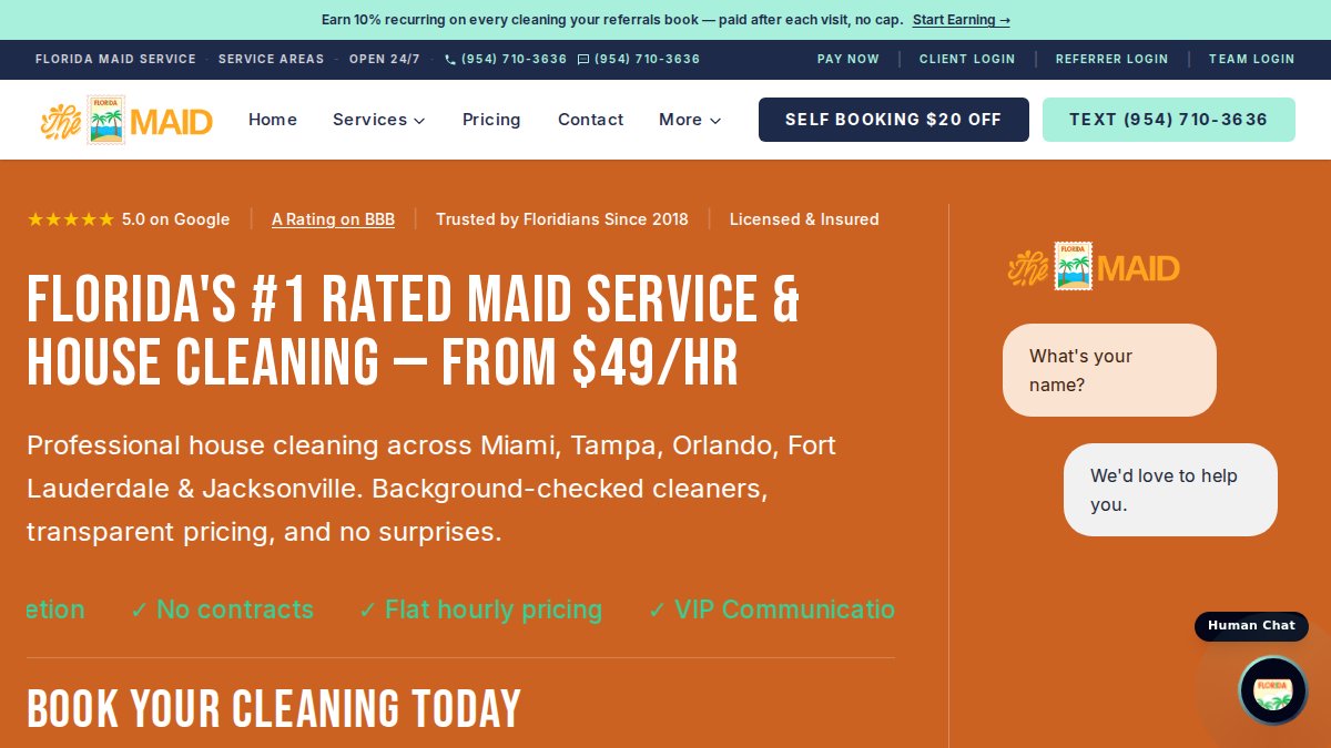 Screenshot of thefloridamaid.com interface