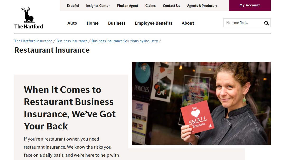 Screenshot of Restaurant Insurance page on thehartford.com