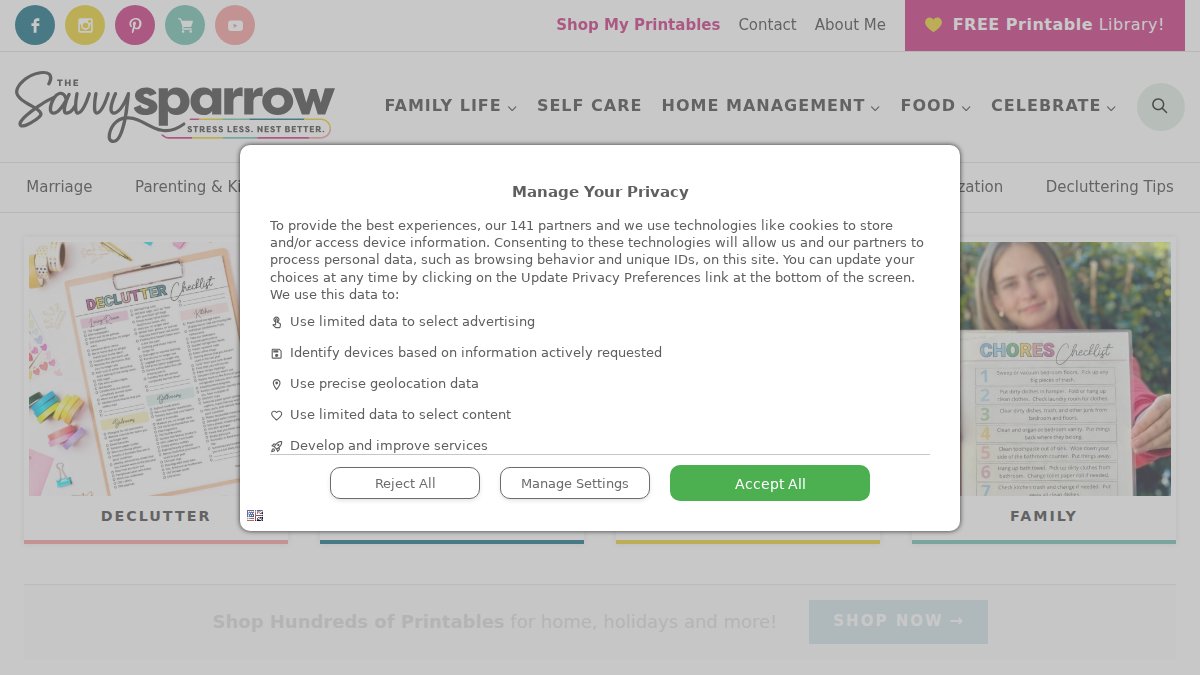 Screenshot of thesavvysparrow.com interface