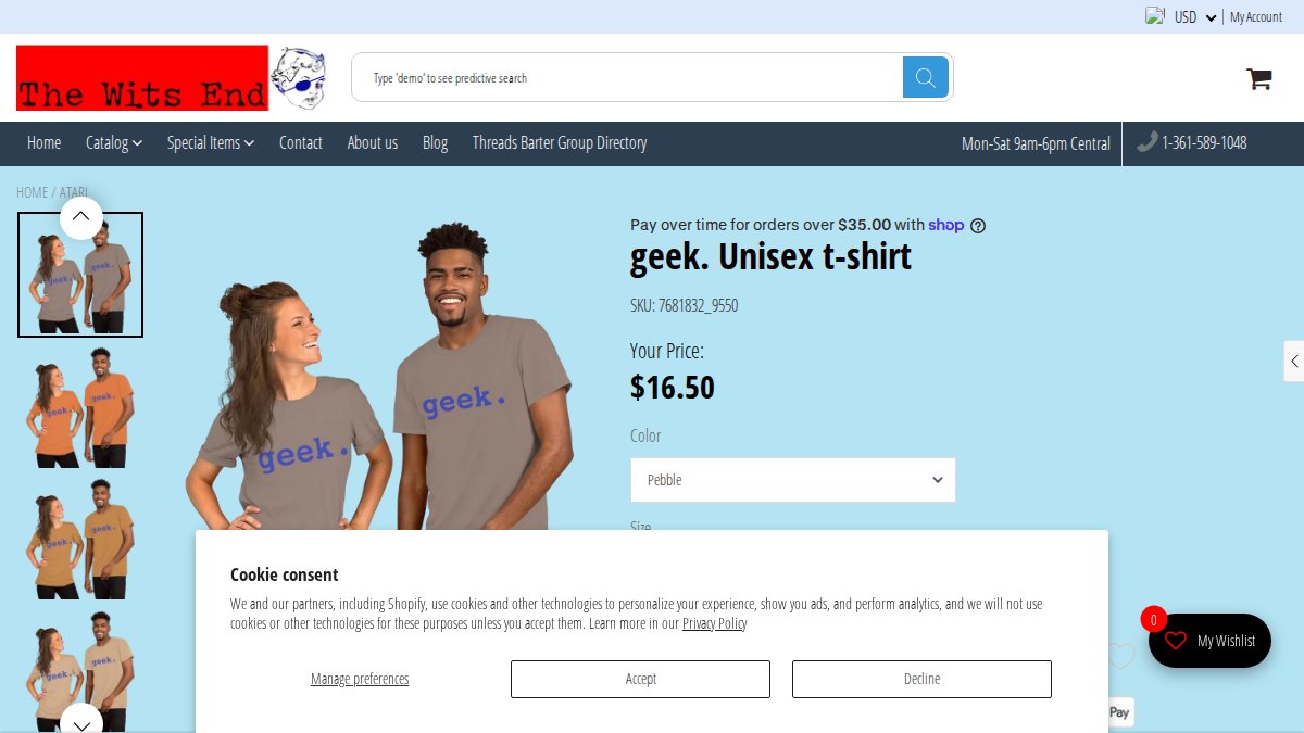 Screenshot of Geek Unisex T Shirt page on thewitsendstore.com