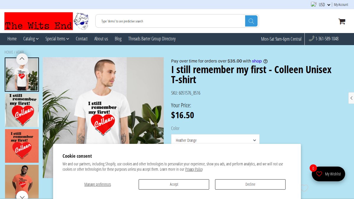 Screenshot of I Still Remember My First Colleen Unisex T Shirt page on thewitsendstore.com
