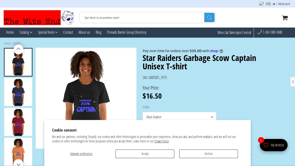 Screenshot of Star Raiders Garbage Scow Captain Unisex T Shirt page on thewitsendstore.com