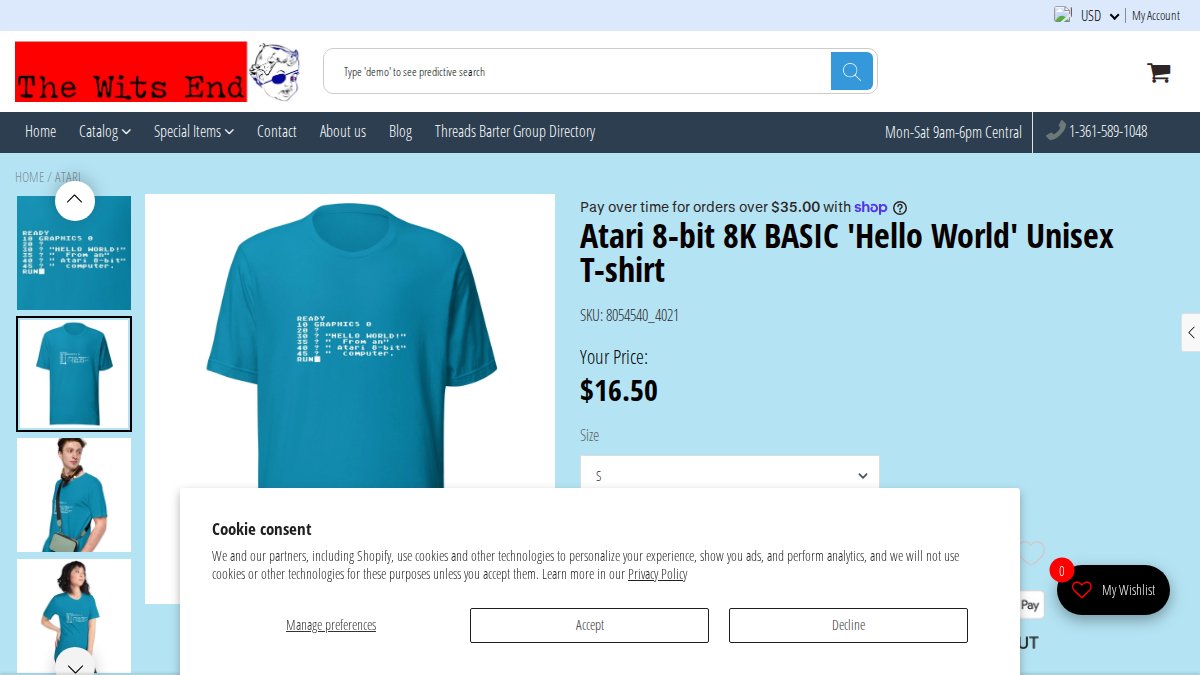 Screenshot of Atari 8 Bit 8k Basic Hello World Unisex T Shirt page on thewitsendstore.com
