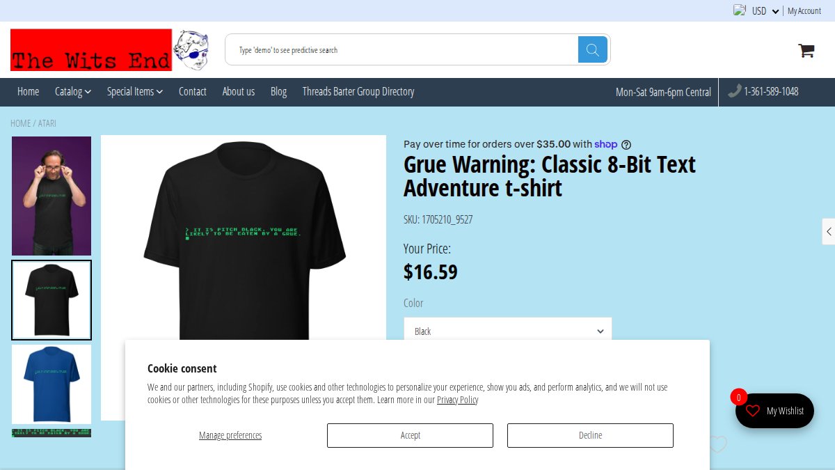 Screenshot of Grue Unisex T Shirt page on thewitsendstore.com