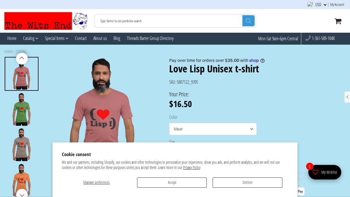 Screenshot of Love Lisp Unisex T Shirt page on thewitsendstore.com