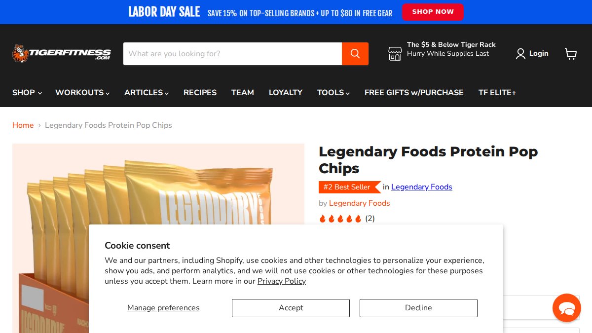 Screenshot of Legendary Foods Protein Pop Chips High Protein Crunchy Snack page on tigerfitness.com