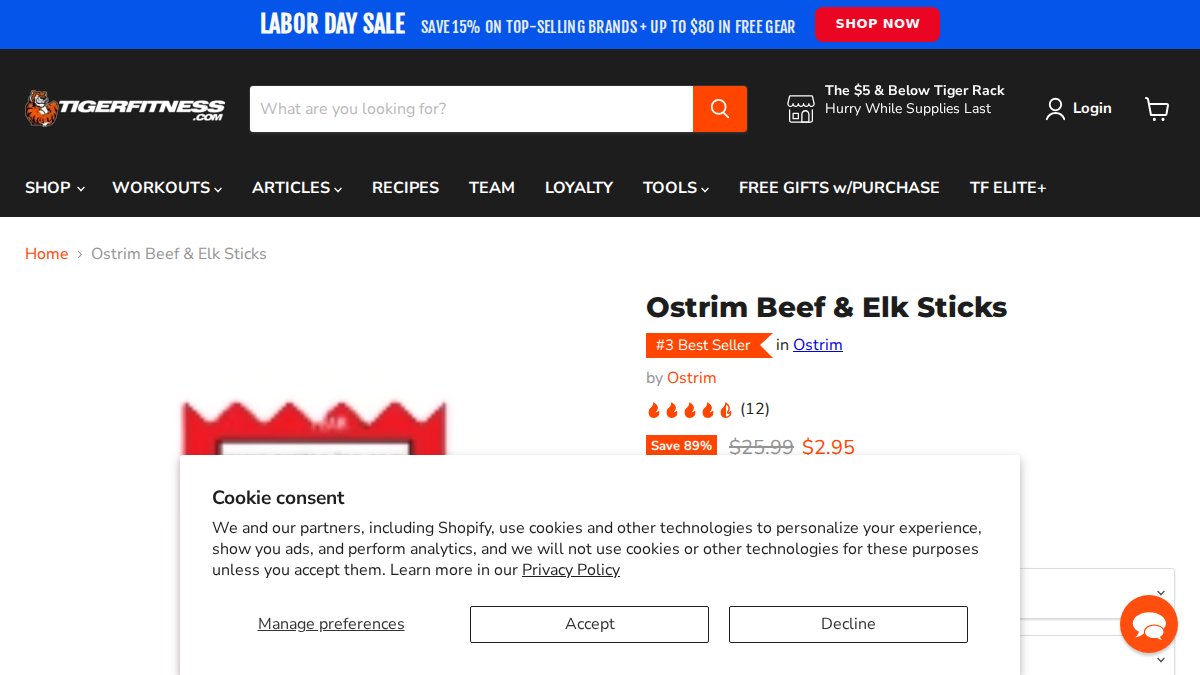Screenshot of Ostrim Beef And Elk Sticks page on tigerfitness.com