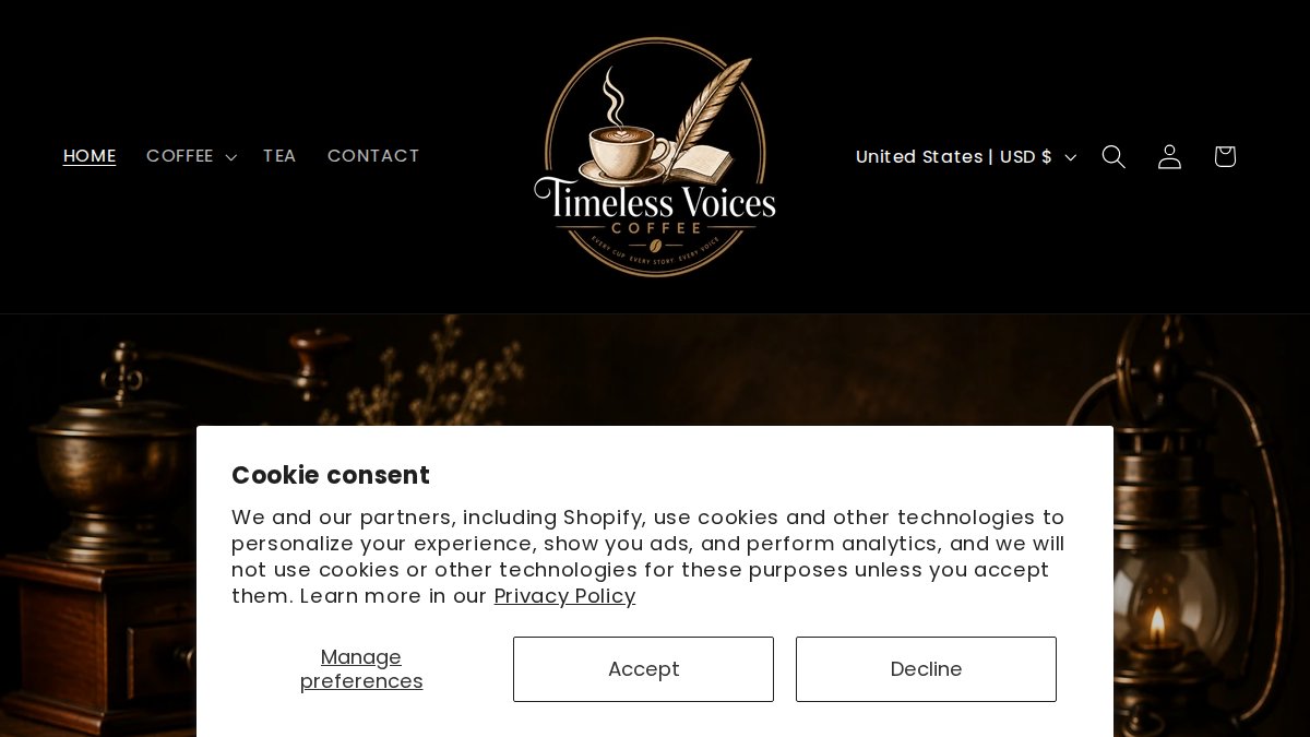 Screenshot of timelessvoicescoffee.com interface
