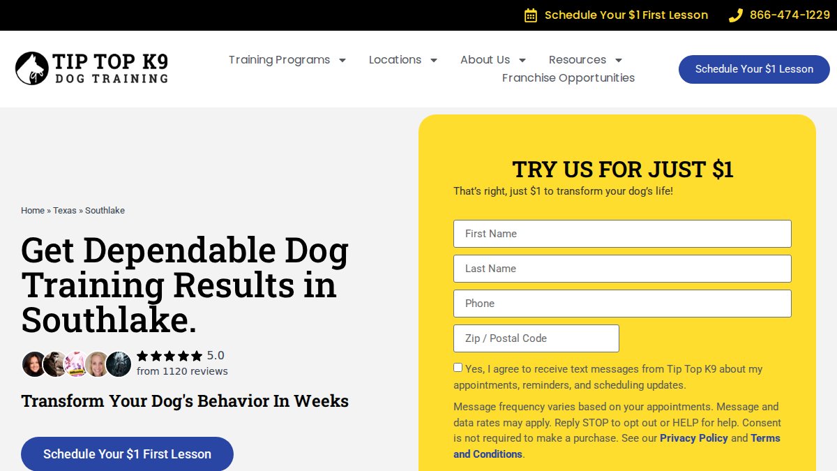 Screenshot of Southlake page on tiptopk9.com