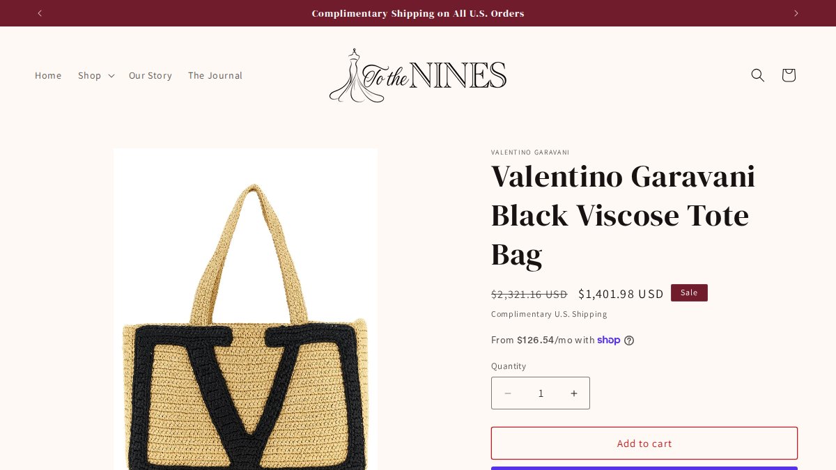 Screenshot of Valentino Garavani Black Viscose Tote Bag page on totheninesboutique.com