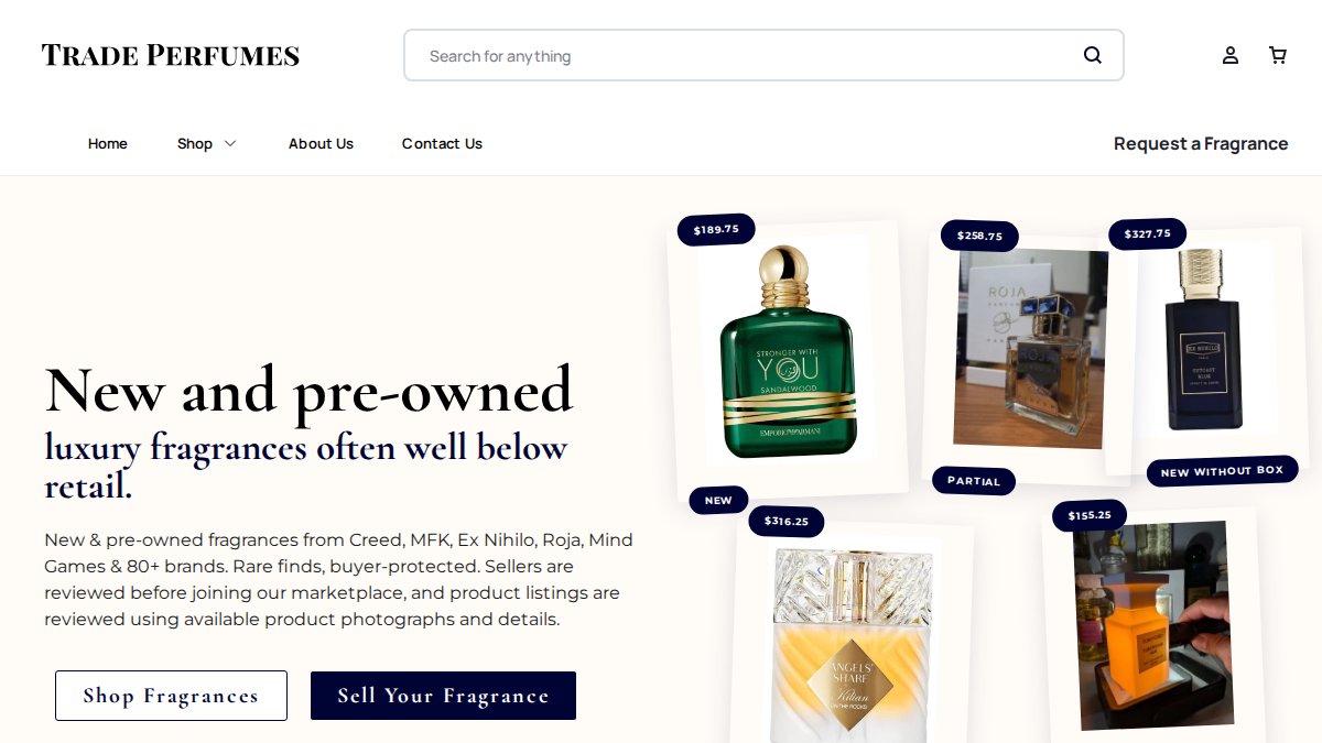 Screenshot of tradeperfumes.com interface