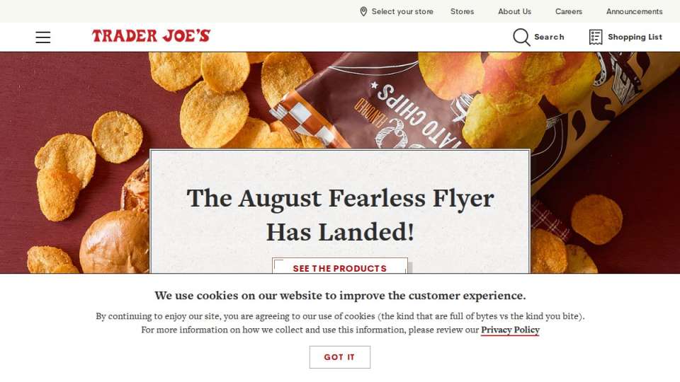 Screenshot of traderjoes.com interface