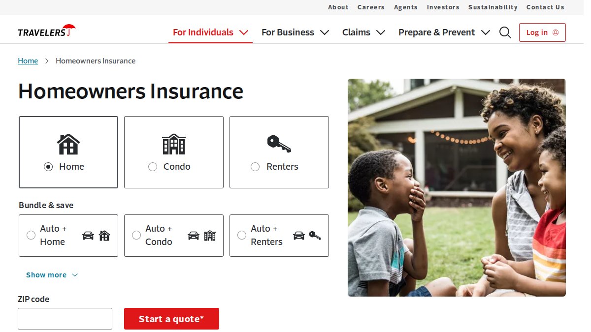 Screenshot of Home Insurance page on travelers.com