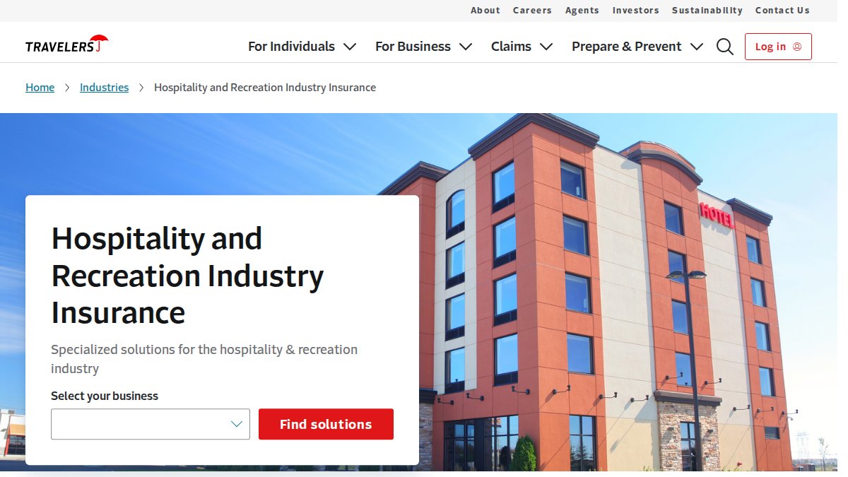 Screenshot of Hospitality Recreation page on travelers.com